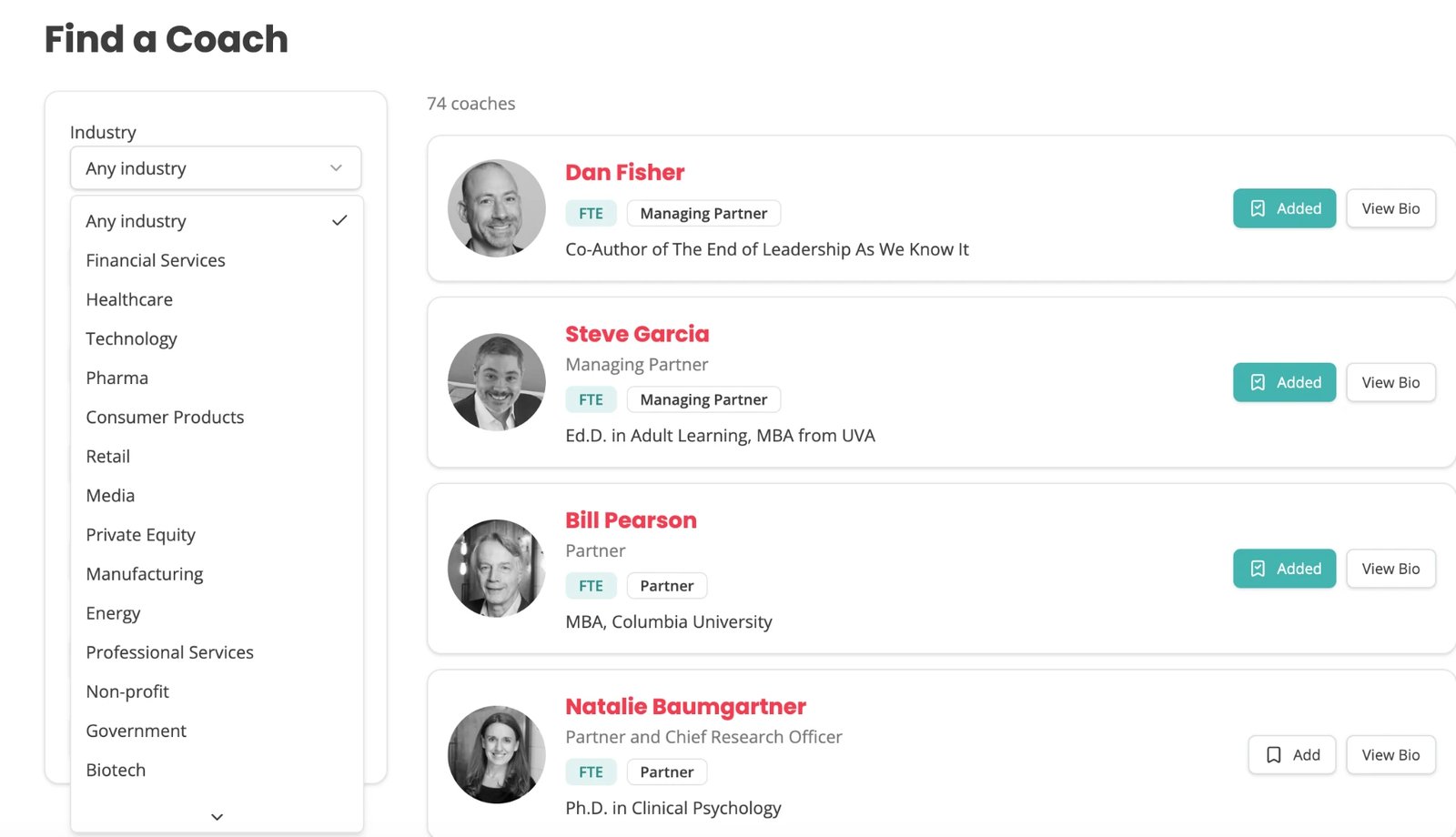 The CLA coach directory showing coach profiles with headshots, titles and credentials