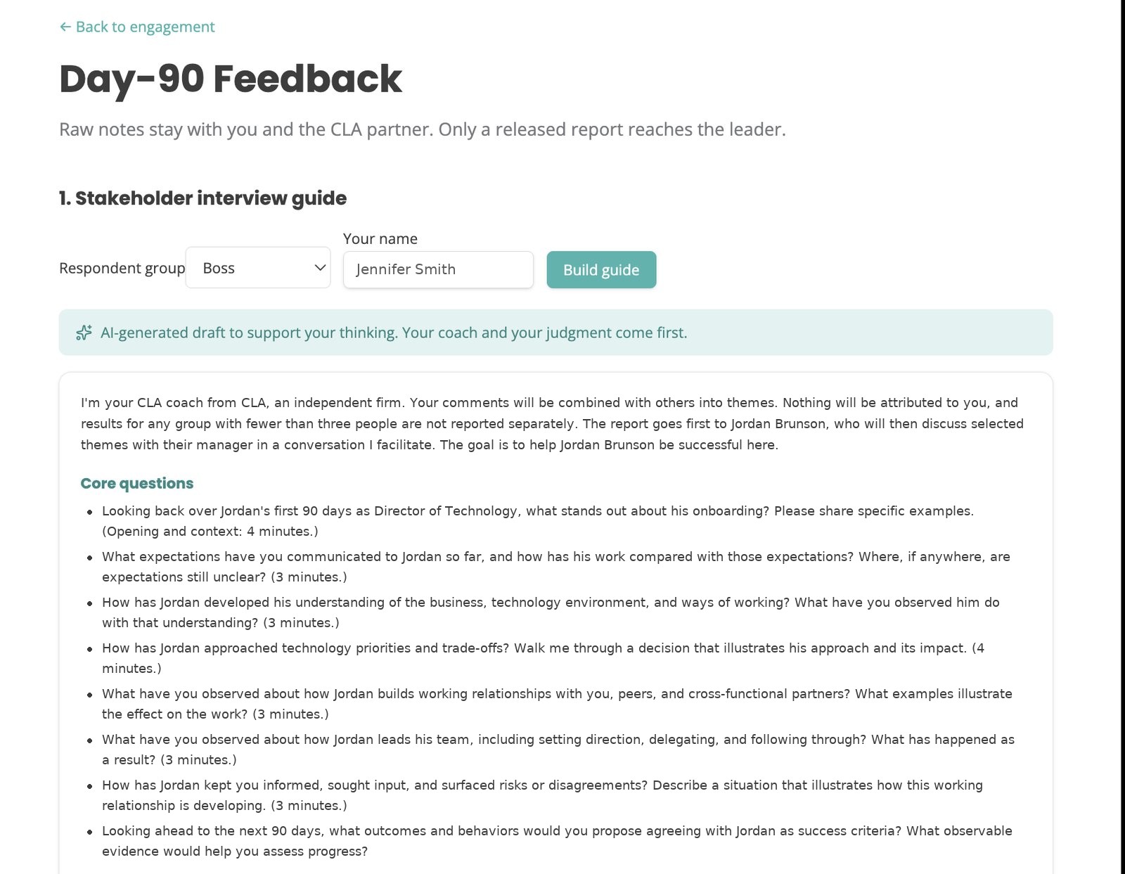 Day-90 feedback page with an AI-drafted stakeholder interview guide