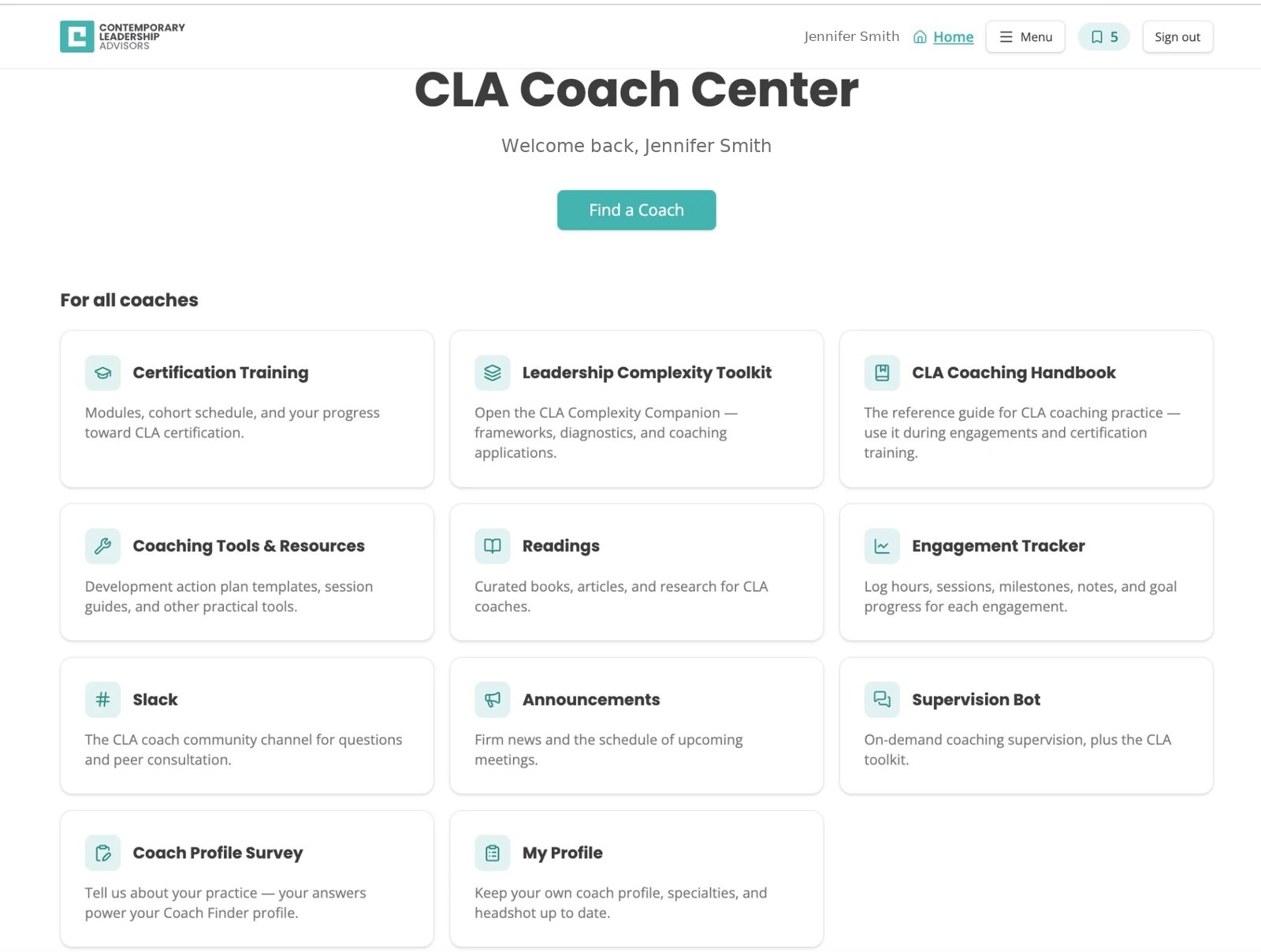 The CLA Coaching Center home screen