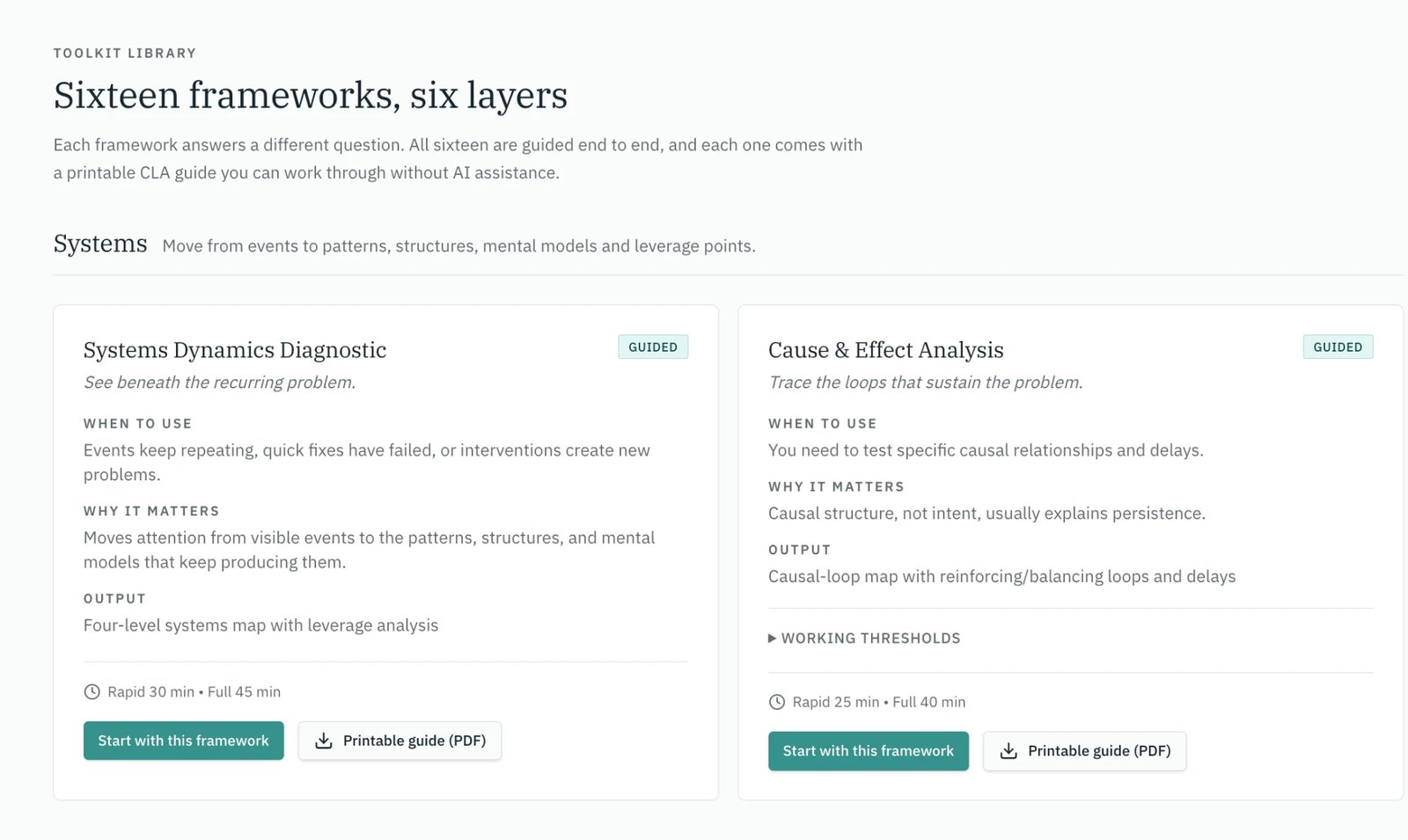 The Complexity Toolkit library showing guided frameworks
