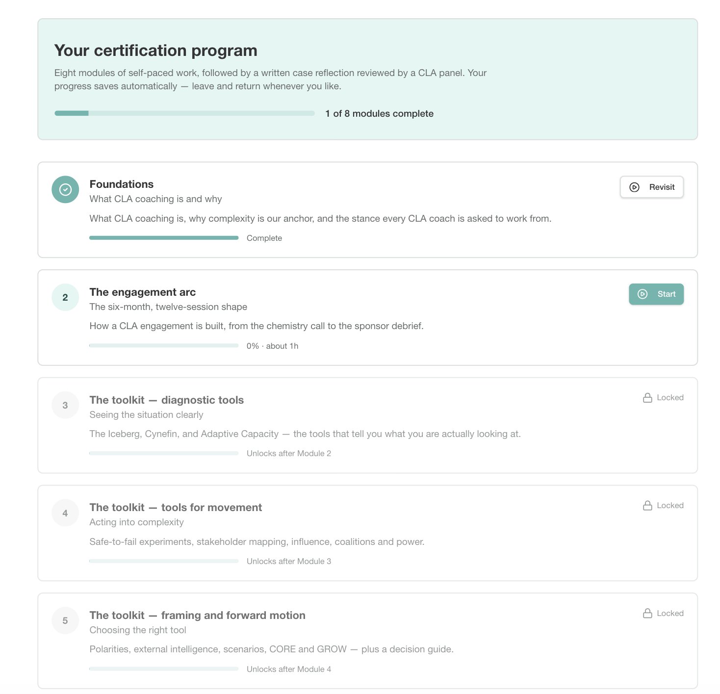 A coach's certification program dashboard showing module progress